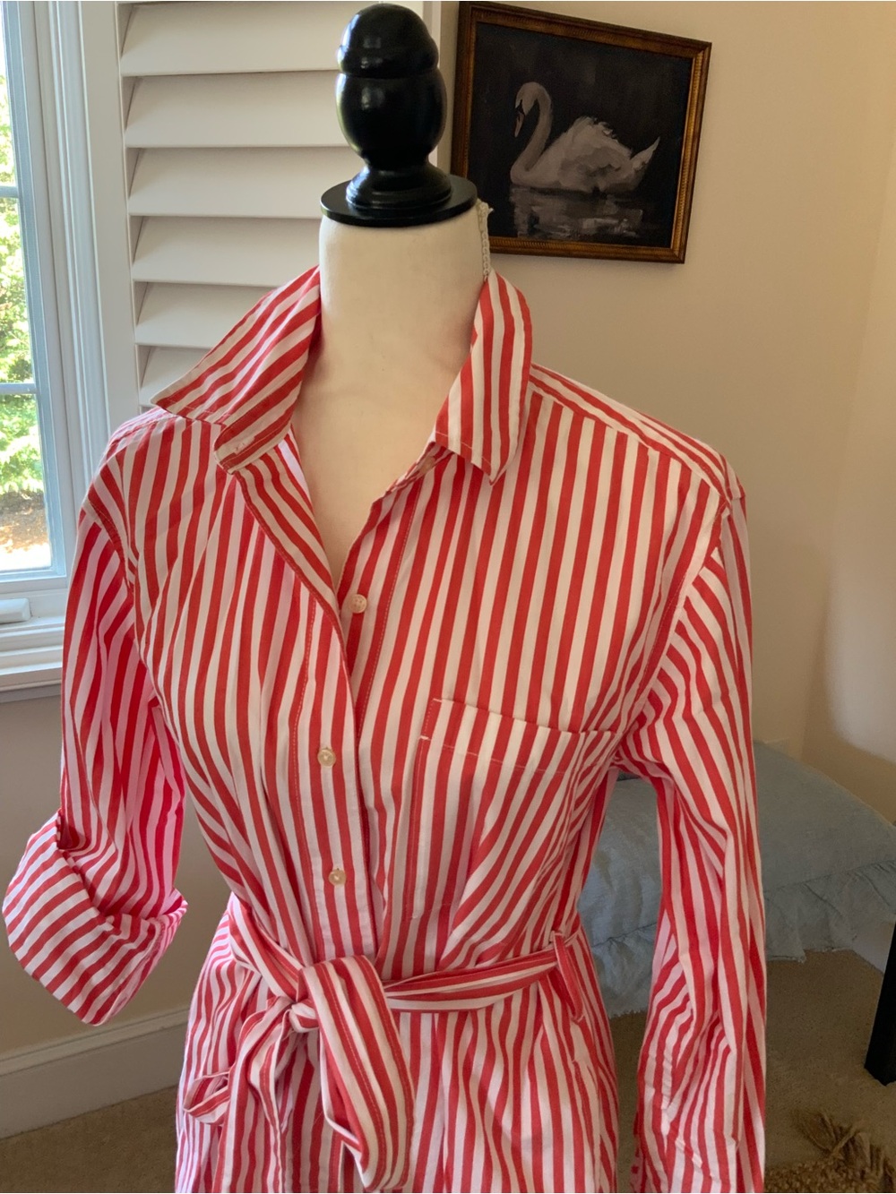Free Assembly Orange & White Striped Shirt Dress with Waist Tie - Picture 2 of 7